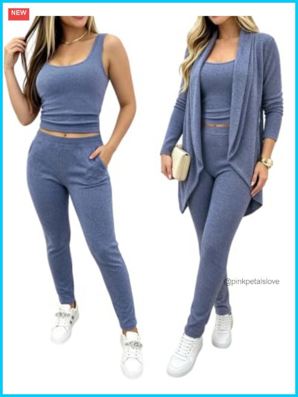 3 Piece Knit Lounge Set Cardigan Tank High Waist Pants Casual Outfit